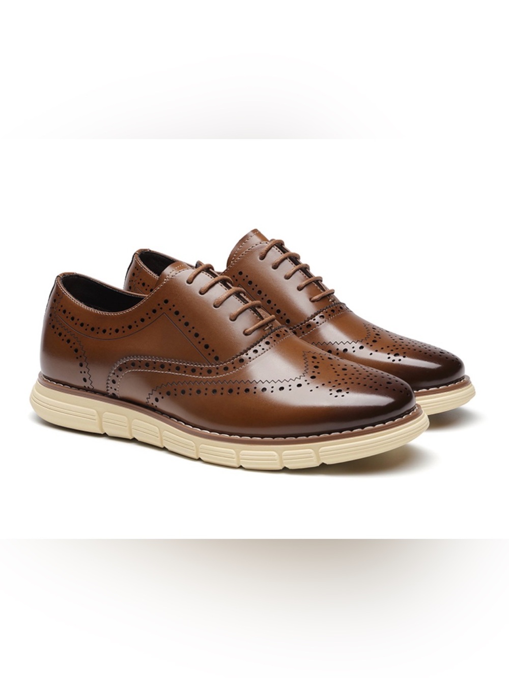 Bruno Marc Grandwing Men's Brown Leather Wingtip Dress Shoes with Cream Sole NIB